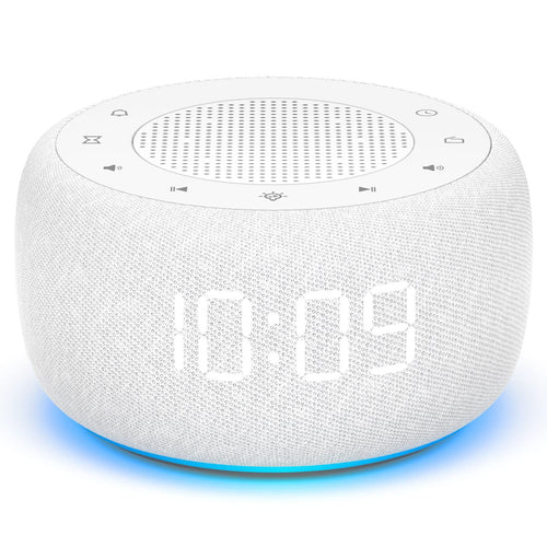 BUFFBEE RS 11 Radiowecker mit UKW-Radio, Nachtlicht und Dimmer, Weiss – Stoffdesign, leuchtende Tasten