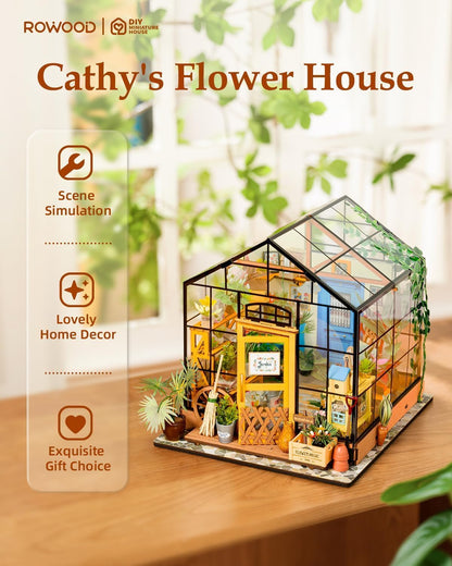 RoWood Miniatur Haus Cathys Blumenhaus, DIY Gewächshaus Bastelset