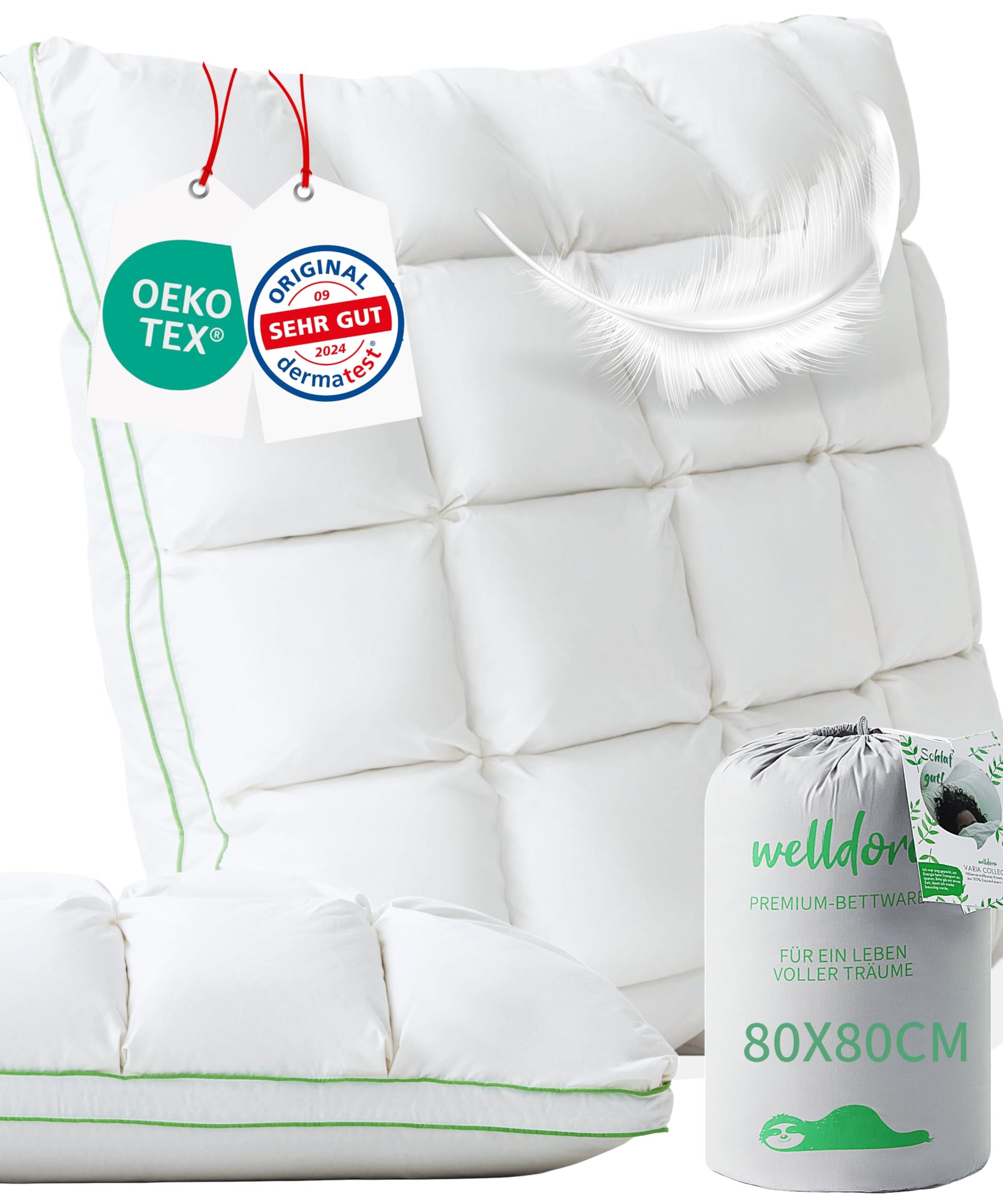 Welldora Premium Kopfkissen – 80x80 cm, Daunen & Federn mittelfest. Weiß. Stützt Kopf & Nacken mittelfest beim Schlafen.