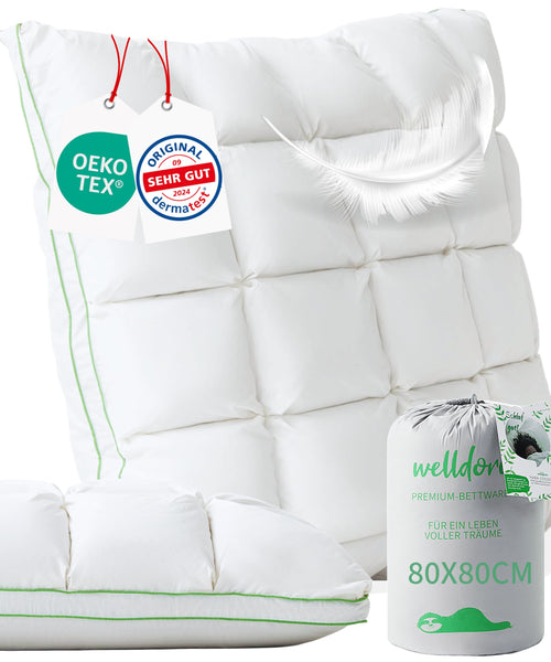 Welldora Premium Kopfkissen – 80x80 cm, Daunen & Federn mittelfest. Weiß. Stützt Kopf & Nacken mittelfest beim Schlafen.