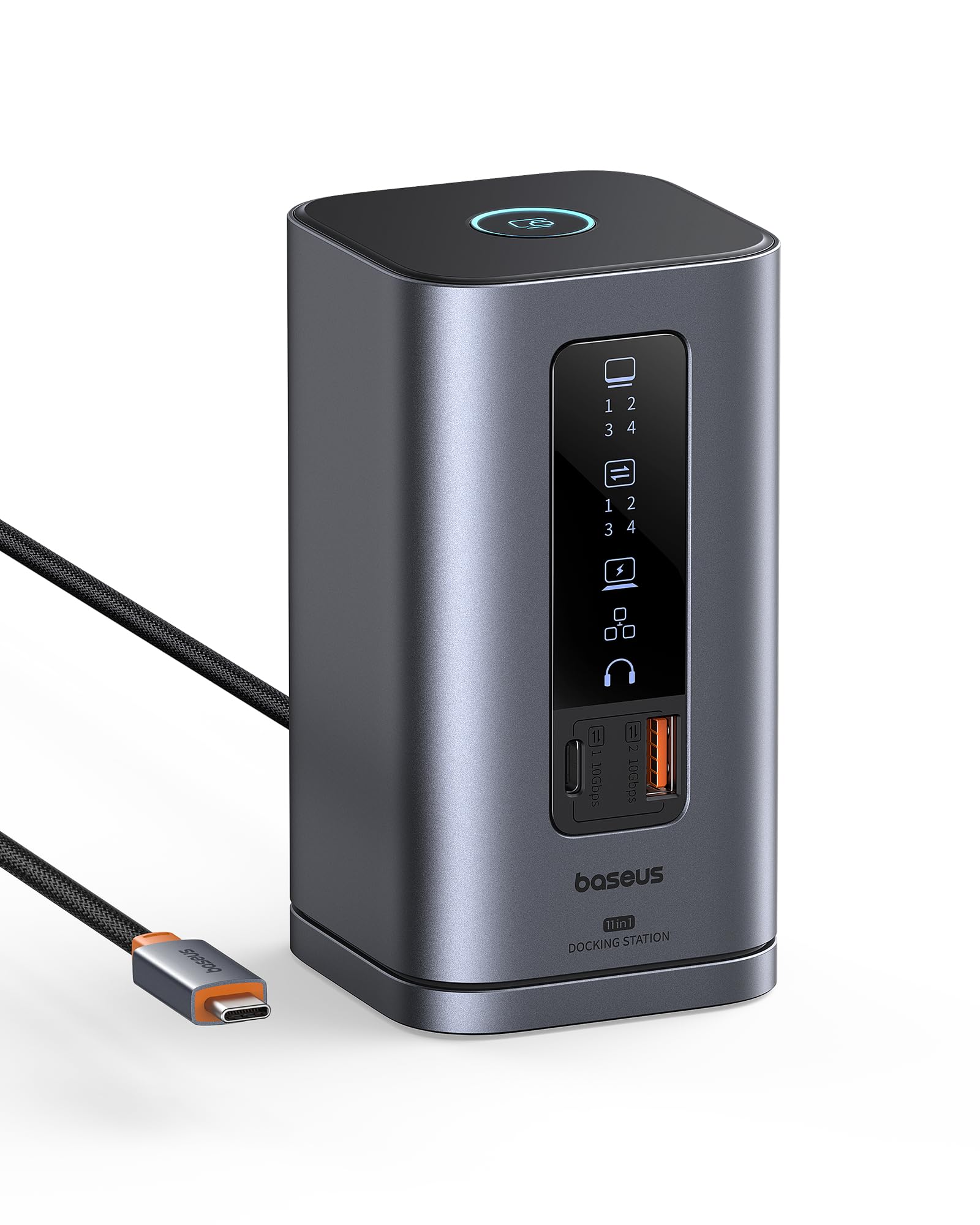 Baseus Spacemate 11-in-1 Docking Station: Graues, rechteckiges Gerät erweitert Laptop-Konnektivität für 3 Monitore & 100W PD.