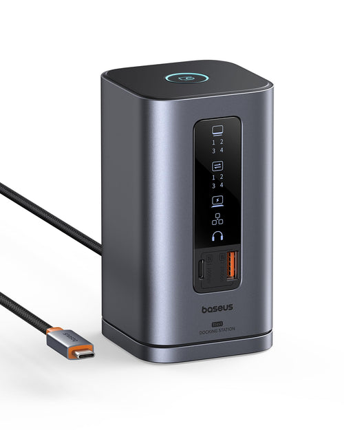 Baseus Spacemate 11-in-1 Docking Station: Graues, rechteckiges Gerät erweitert Laptop-Konnektivität für 3 Monitore & 100W PD.