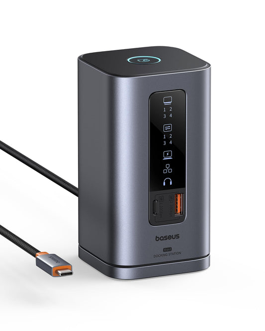 Baseus Spacemate 11-in-1 Docking Station: Graues, rechteckiges Gerät erweitert Laptop-Konnektivität für 3 Monitore & 100W PD.