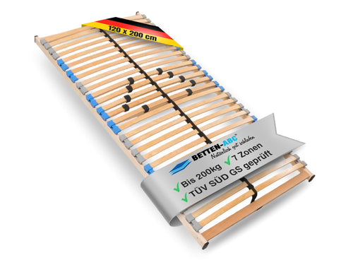 Madera 7 Zonen Lattenrost Selbstmontage – 120x200 cm. Rechteckiger, holzfarbener Rahmen mit Federholzleisten zur ergonomischen Matratzenstützung.