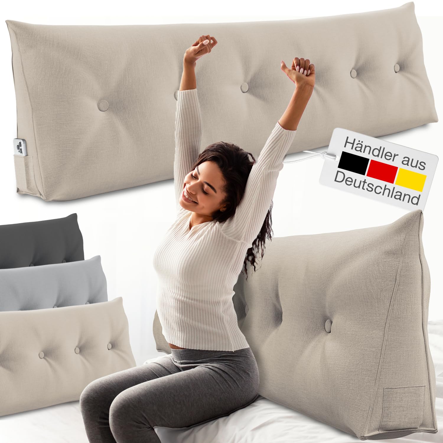 ELONEO Rückenkissen 180 cm breit. Dreieckiges Keilkissen mit abnehmbarem Bezug und Seitenfach für Bett/Sofa als Lesekissen.