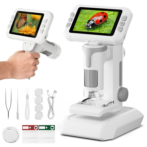 HEWEIMEI Kindermikroskop P2, 1600-fach, 4,0" IPS-Display, Grau mit abnehmbarem Design und sechs LED-Leuchten
