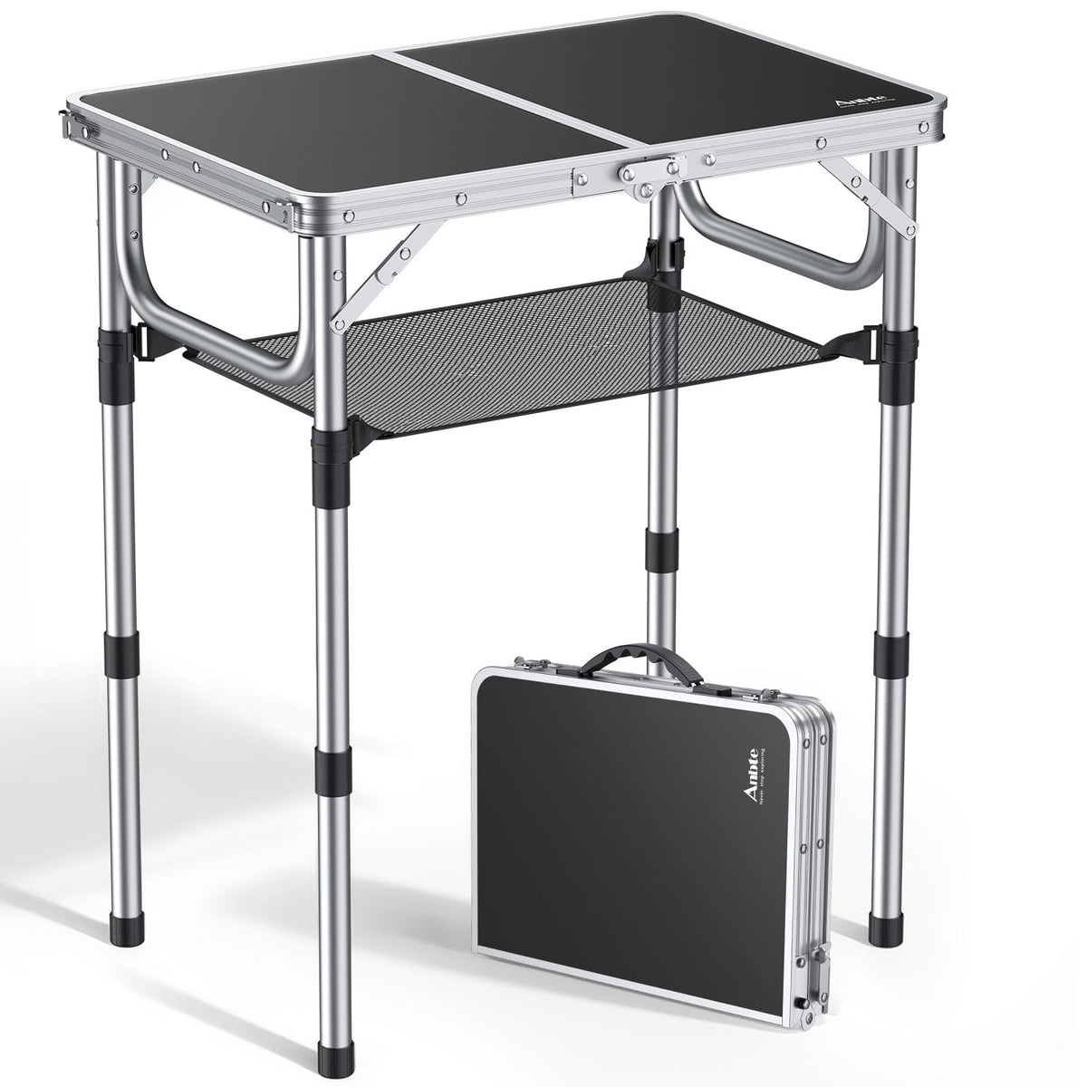 Anbte Campingtisch klappbar 60x40cm, höhenverstellbar, schwarz mit Aluminiumrahmen und MDF-Tischplatte