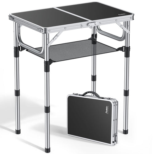 Anbte Campingtisch klappbar 60x40cm, höhenverstellbar, schwarz mit Aluminiumrahmen und MDF-Tischplatte