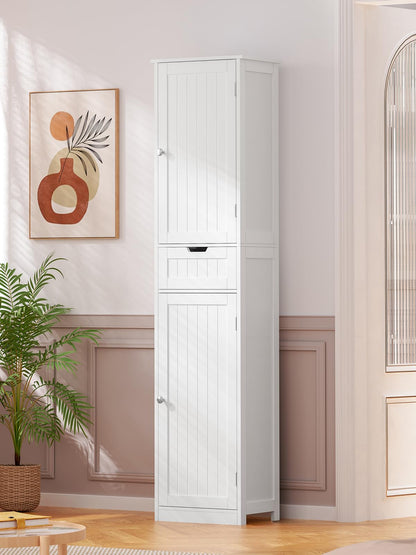 TEENFON Badezimmerschrank schmal mit 2 Türen und Schublade, weiss