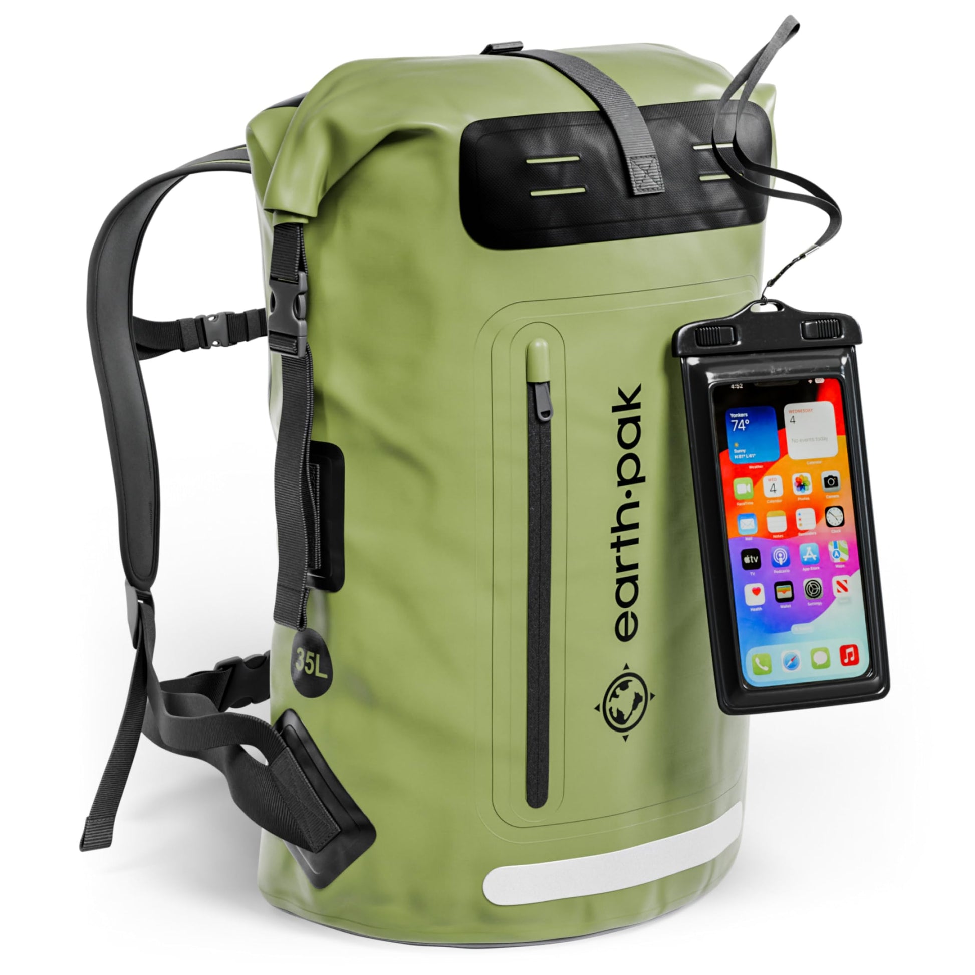 Earth Pak Summit wasserdichter Rucksack 35 L mit Rolltop, Grün – Rollverschluss aus 500D PVC-Plane