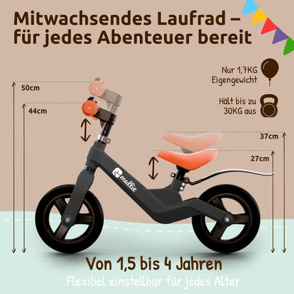 Mallie Kinder Laufrad ab 2 Jahre mit Klingel und Spritzschutz