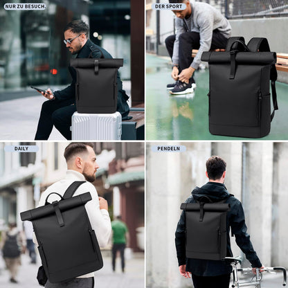 BJIAX Rolltop Rucksack wasserdicht, 17,3 Zoll Laptopfach, schwarz