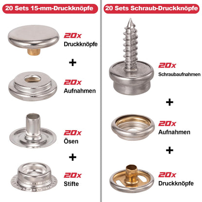 Spurtar Druckknopf-Set mit Zange, 3 Matrizen, 40 Sätze 15 mm