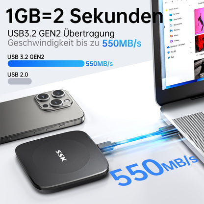 SSK SD451 Externe SSD 256GB, USB 3.2 Gen2, bis zu 550 MB/s