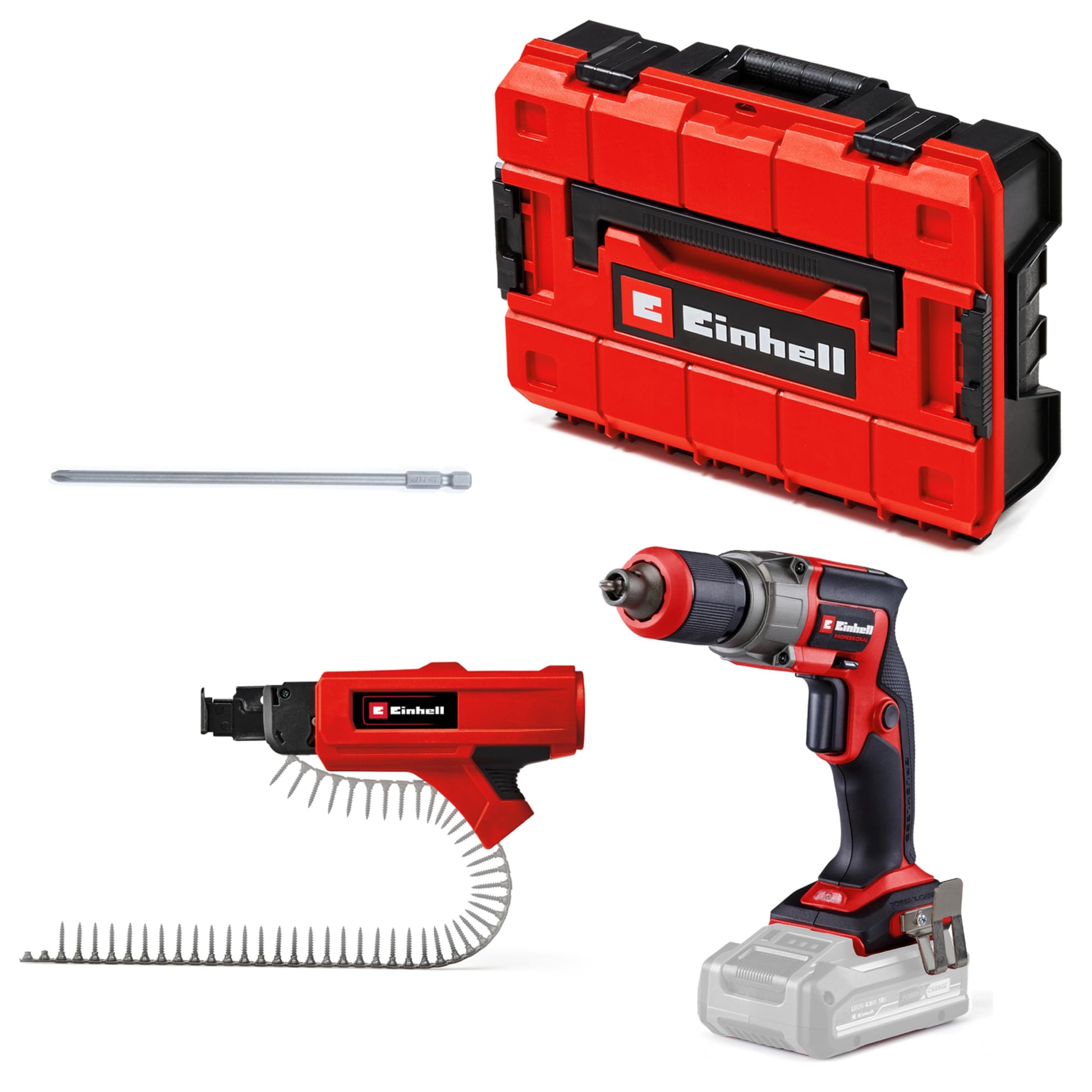 Einhell Professional TP-DY 18 Li BL Akku-Trockenbauschrauber – Magazin. Rot-schwarzes Gerät für serielles Verschrauben.