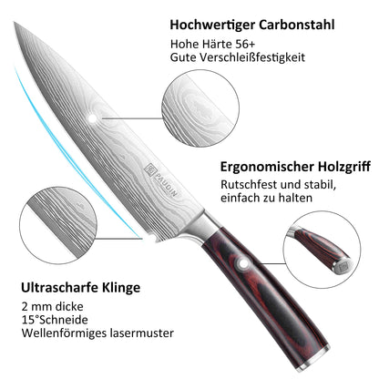 PAUDIN Küchen Messerset 3-tlg - Carbon Edelstahl Pakkaholz