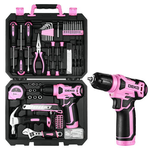 DEKO Werkzeugkoffer 126-teilig mit 8V Akkuschrauber, Rosa, Werkzeuge aus verchromtem CR-V-Stahl