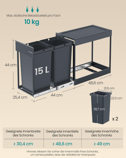 SONGMICS Mülltrennsystem Unterschrank, Abfalleimer 2 x 15 L, grau