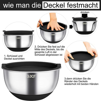 Terlulu Rührschüssel Set 6-teilig, Edelstahl mit Deckel, schwarz