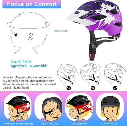 RaMokey Kinder Fahrradhelm mit LED-Rücklicht 50–56 cm Lila/Rose