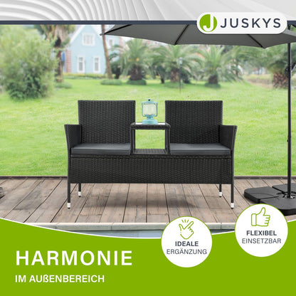 Juskys Polyrattan Gartenbank Monaco 2-Sitzer mit Tisch & Kissen schwarz