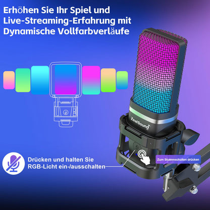 zealsound A68S USB-Gaming-Mikrofon Set mit Boomarm und Tischstativ