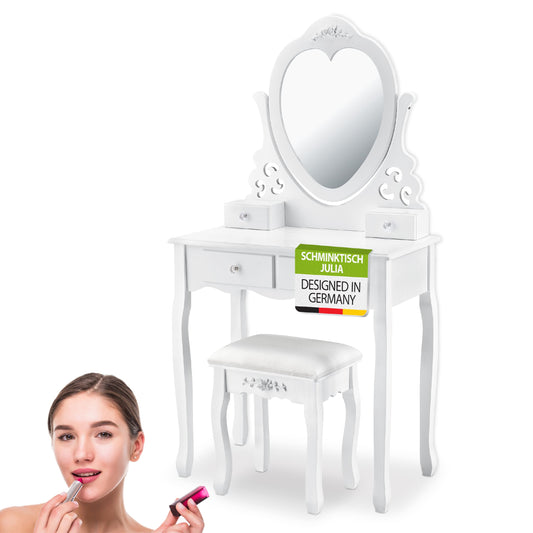 Juskys Schminktisch Julia mit Spiegel, Hocker, Schubladen – Weiss. Für Kosmetik- und Frisierroutinen, bietet Stauraum.