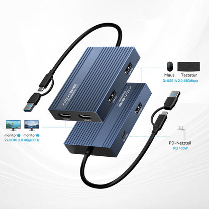 Acasis USB-C auf Dual HDMI DisplayLink Adapter, 4K@60Hz, 100W PD