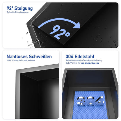 Bernkot Wandnische Dusche LED Edelstahl 60x30 cm Matt Schwarz