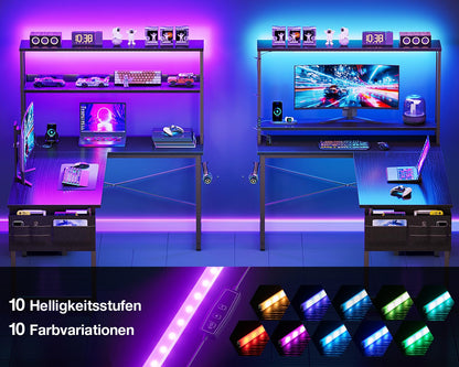 Coleshome Gaming Tisch L-Form mit LED & Steckdosen, Schwarz