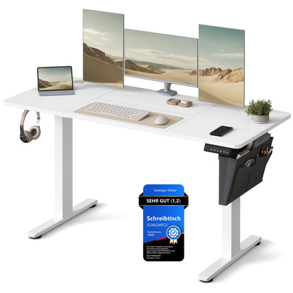 SONGMICS Elektrischer Höhenverstellbarer Schreibtisch 140x60cm weiss. Rechteckige, weisse Tischplatte. Ermöglicht ergonomisches Arbeiten im Sitzen oder Stehen.