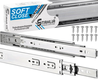 Stahlia Teleskopschienen Vollauszug – 45x400mm Softclose 8 Stk. Metallfarbene Schienen für Vollauszug von Schubladen, Softclose-gedämpft.