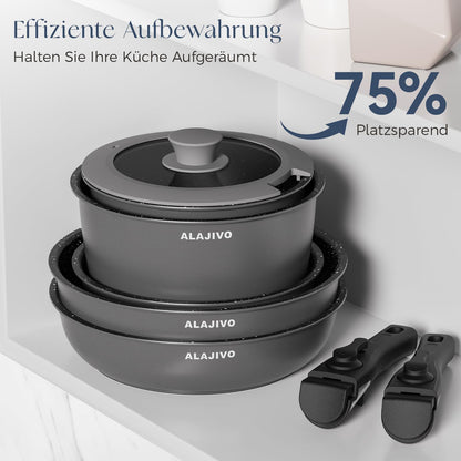 Alajivo Topfset 17-teilig, antihaftbeschichtet, abnehmbarer Griff