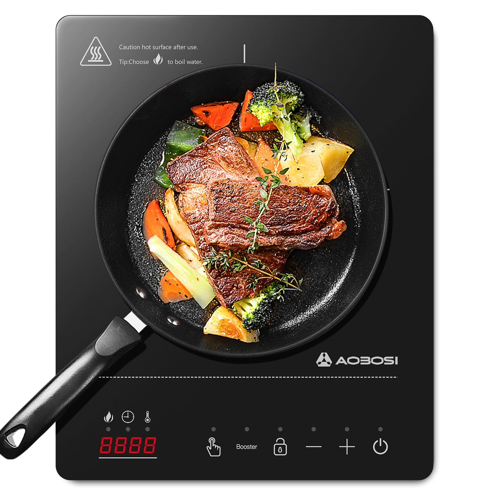 Aobosi Induktionskochfeld 1 Platte, 2000 W, tragbar, schwarz – Glaskeramik-Kochfläche mit Touch-Bedienung