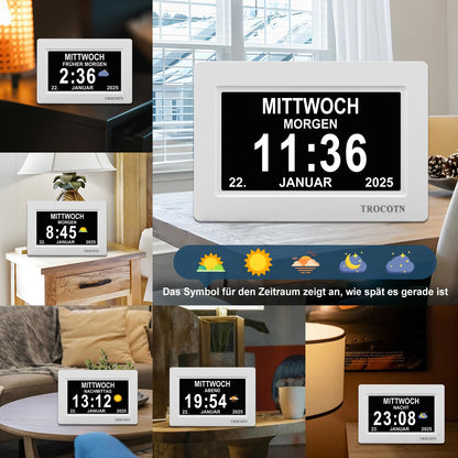 TROCOTN Digitale Tagesuhr für Senioren, Wecker, 7 Zoll, Weiss