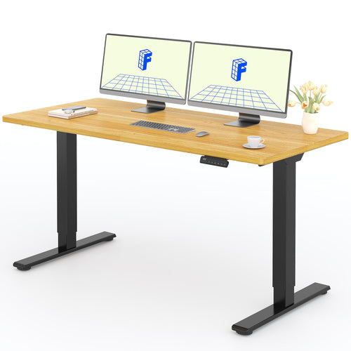 FLEXISPOT Stehschreibtisch 160x80cm Ahorn Schwarz. Rechteckig, ahornfarbene Platte, schwarzes Gestell. Elektrisch höhenverstellbar für ergonomisches Arbeiten.