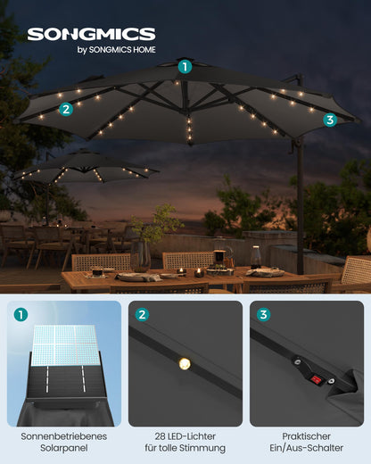 SONGMICS Ampelschirm 300 cm, Sonnenschirm mit Solar-LED, UPF 50+, grau