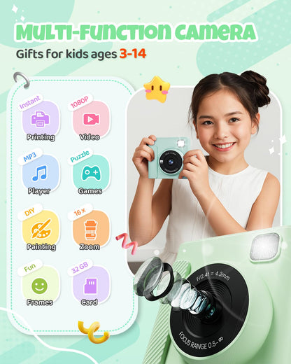 TIATUA Kinderkamera Sofortbildkamera X2 mit 32 GB Karte, grün