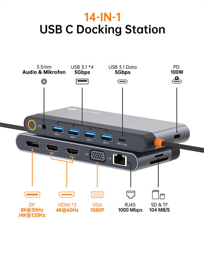NOVOO USB C Docking Station 14-in-1 - 4 Monitore 100W PD