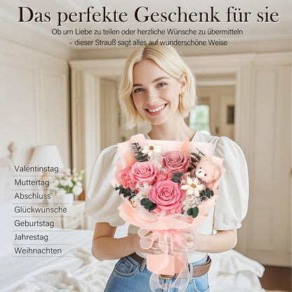 MAMAMIKO Konservierter Rosenstrauss mit Bär, 3 Infinity Rosen rosa