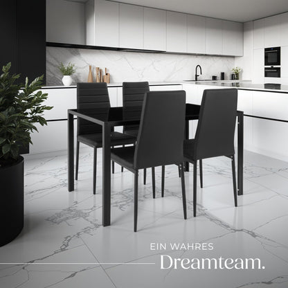 tectake Essgruppe Esstisch & 4 Stühle Kunstleder – Schwarz