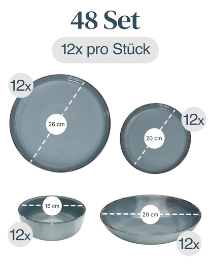 Pure Living Rustic Steingut Geschirrset 48 tlg. - Rauchblau