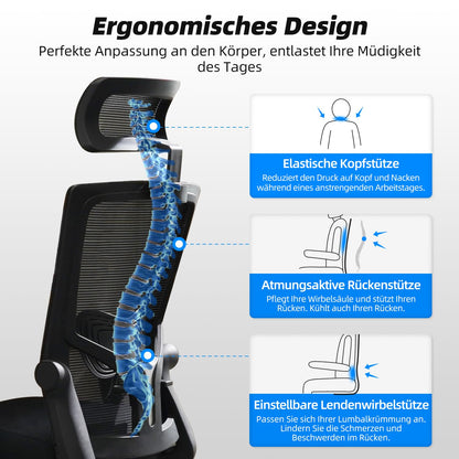Daccormax Bürostuhl ergonomisch, Mesh-Drehstuhl mit Kopfstütze