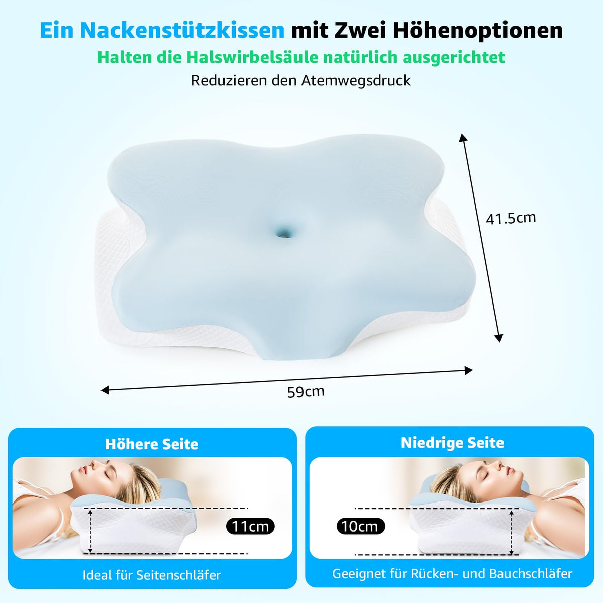 BRO ergonomisches Nackenstützkissen aus Memory Foam, 60x40x13cm, Schmetterlingsform, Bezüge in Blau und Grau
