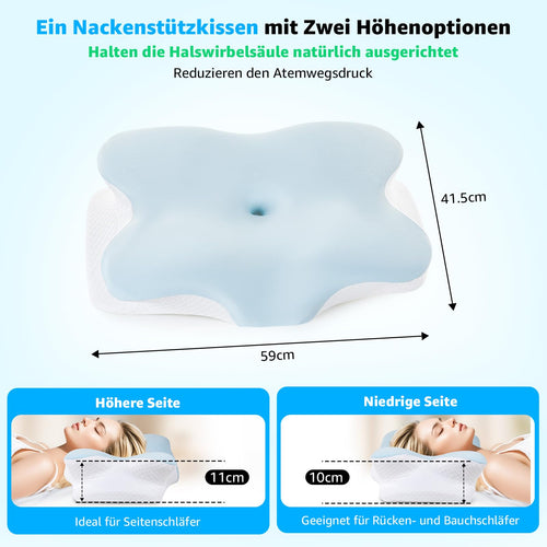 BRO ergonomisches Nackenstützkissen aus Memory Foam, 60x40x13cm, Schmetterlingsform, Bezüge in Blau und Grau
