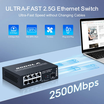 SODOLA 8-Port 2.5G Switch unmanaged mit 10G SFP+, lüfterlos
