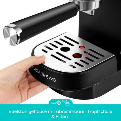CASABREWS Espresso Siebträgermaschine 20 Bar mit Milchaufschäumer Schwarz