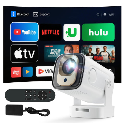 Mini Videoprojektor 4K Android 11.0 - 12000 Lumen, 180° Dreh. Kompakter, schwarzer Beamer für flexible Medienprojektion.