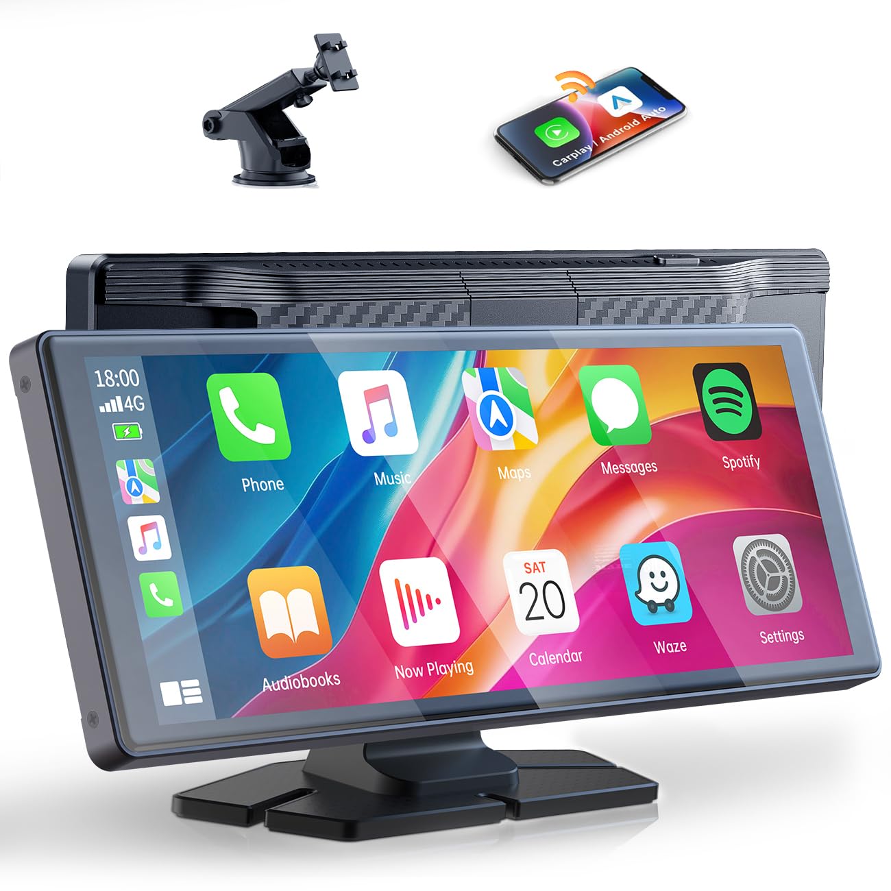 Volam 9.26 Zoll tragbarer CarPlay Bildschirm mit Android Auto. Rechteckiger, schwarzer Monitor für Navigation und Medienwiedergabe im Auto.