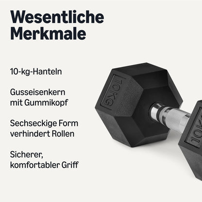 Amazon Basics Hantel-Set, gummibeschichtet, sechseckig, 10 kg, Schwarz